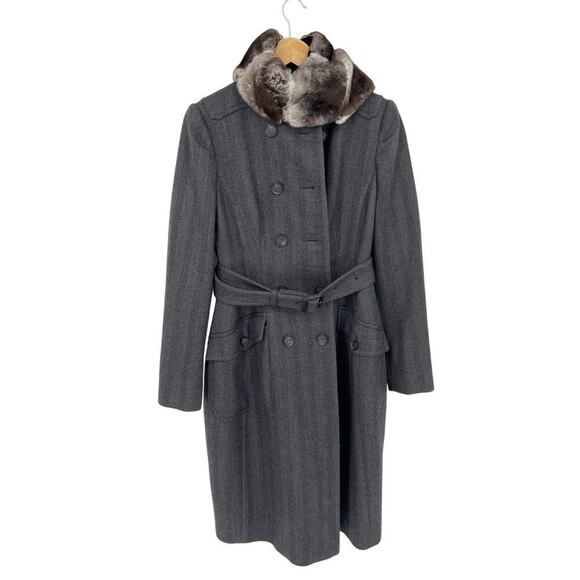 Burberry Prorsum Gray Wool Herringbone Double Breasted Mink Collar Peacoat IT 42 - Picture 5 of 15